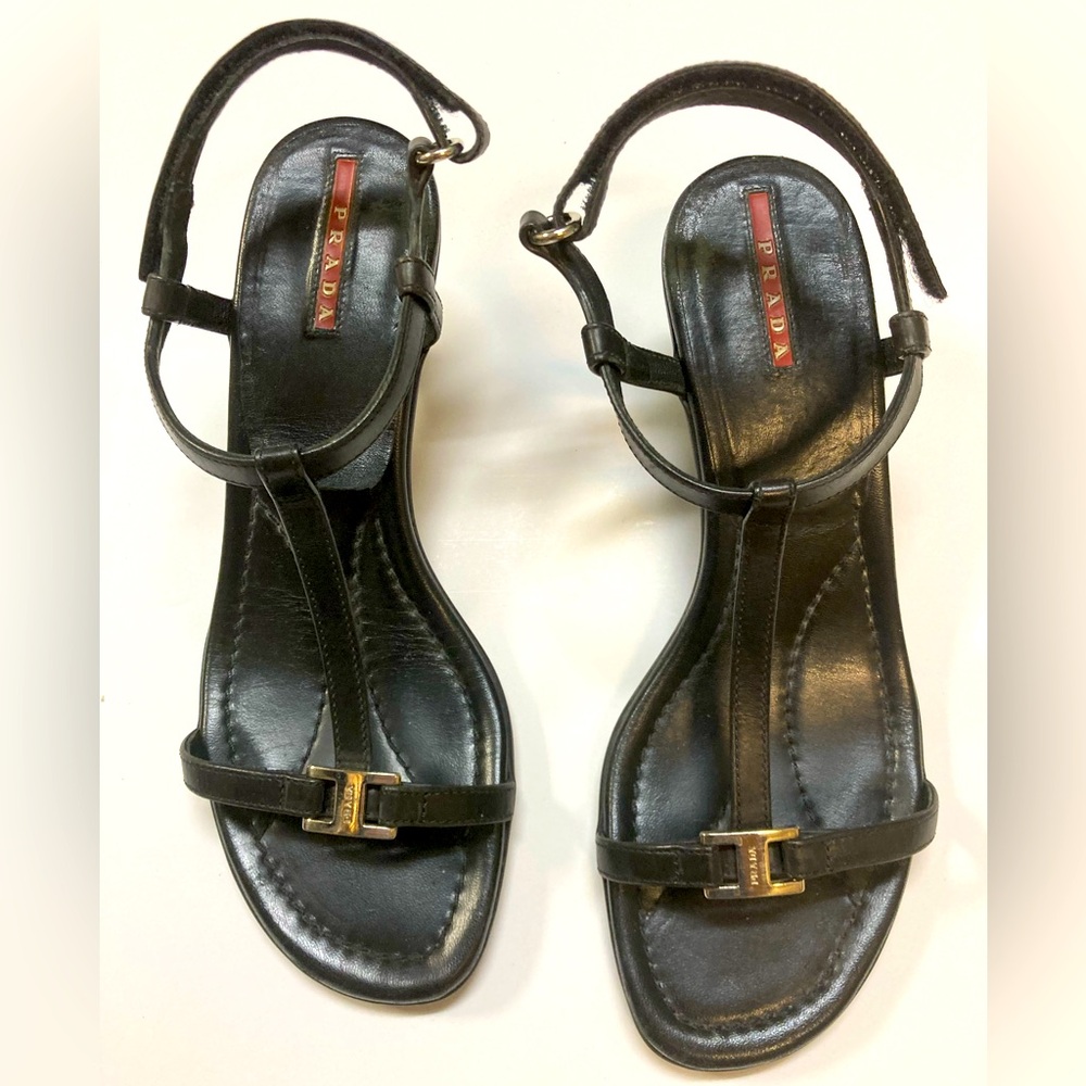 ⚡️ PRADA Black Leather Kitten Heel Sandals Size EU 39 US 8.5
